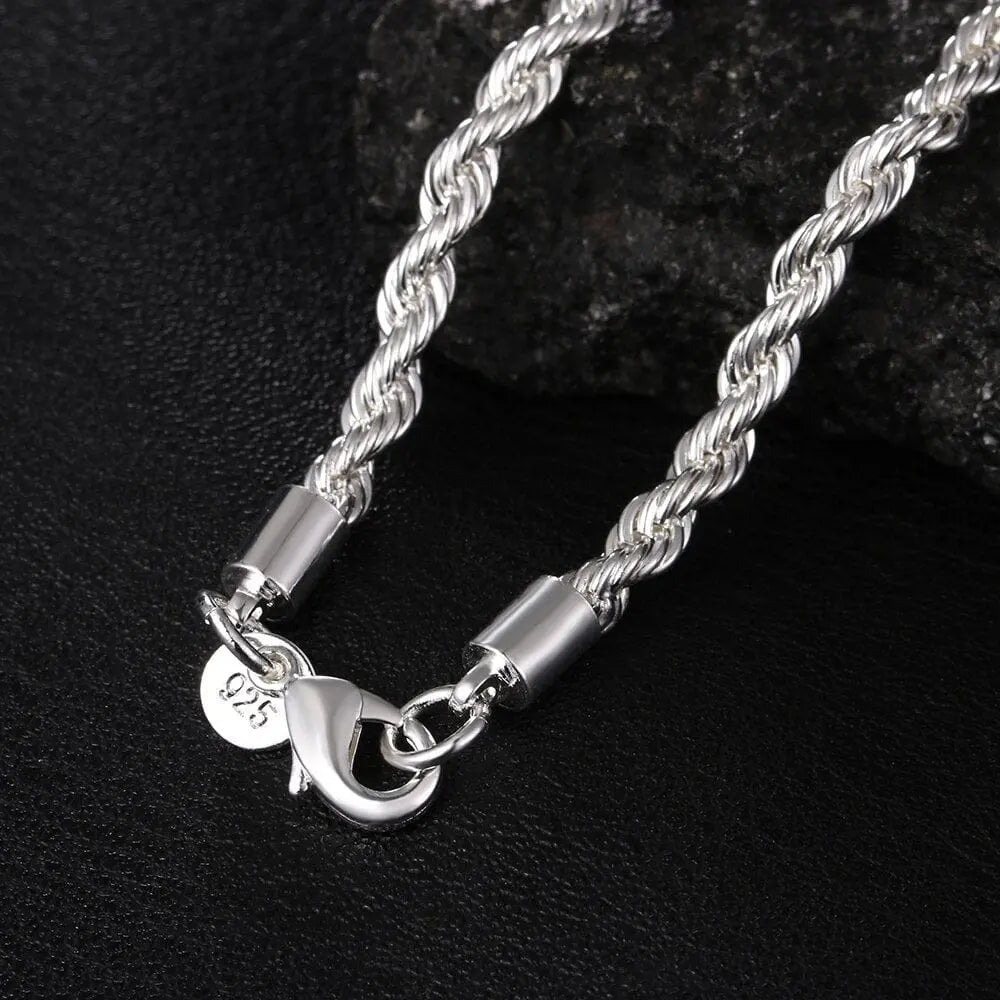925 silver twisted rope necklace and bracelet set featuring 4mm links, stylish jewelry for women and men by Anel Demosthene.