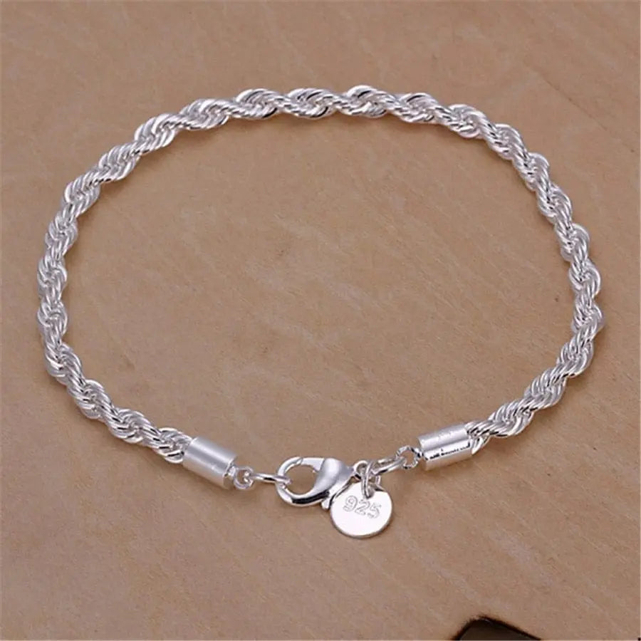 925 silver twisted rope necklace and bracelet set with 4mm links, featuring a sleek, stylish design for women and men.