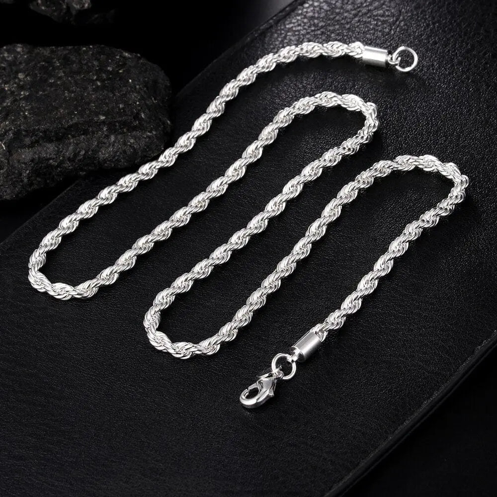 925 silver twisted rope necklace and bracelet set featuring 4mm links, stylish unisex jewelry by Anel Demosthene General Store