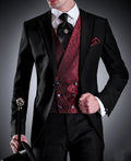 Black men's 3-piece slim fit formal suit with blazer, vest, and pants, made of cotton blend for weddings and special occasions.