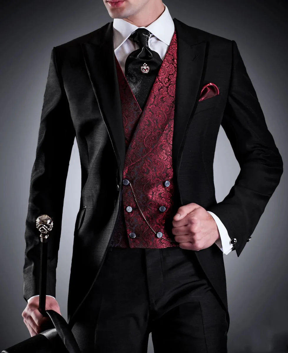 Black men's 3-piece slim fit formal suit with blazer, vest, and pants, made of cotton blend for weddings and special occasions.