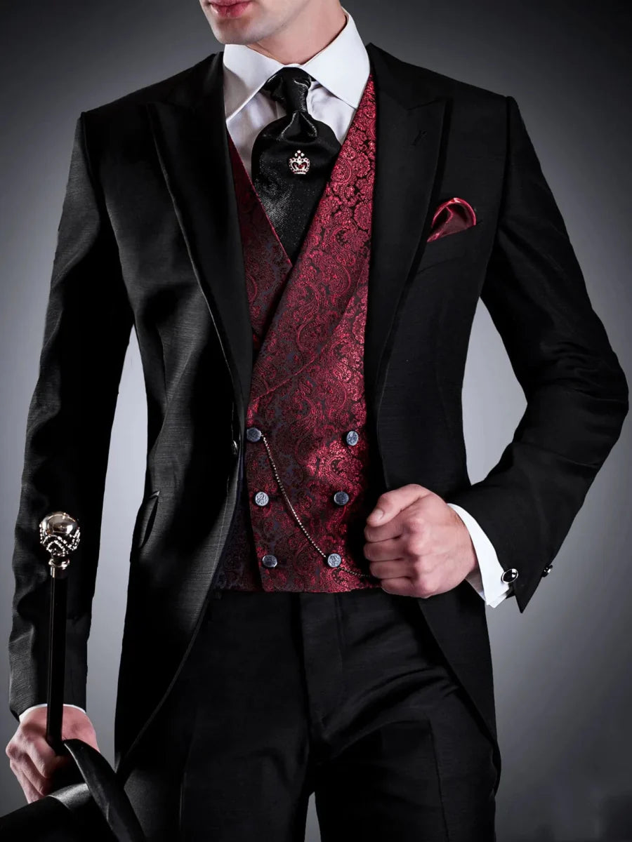 Black men's 3-piece slim fit formal suit with blazer, vest, and pants, made of cotton blend for elegant wedding or party attire.