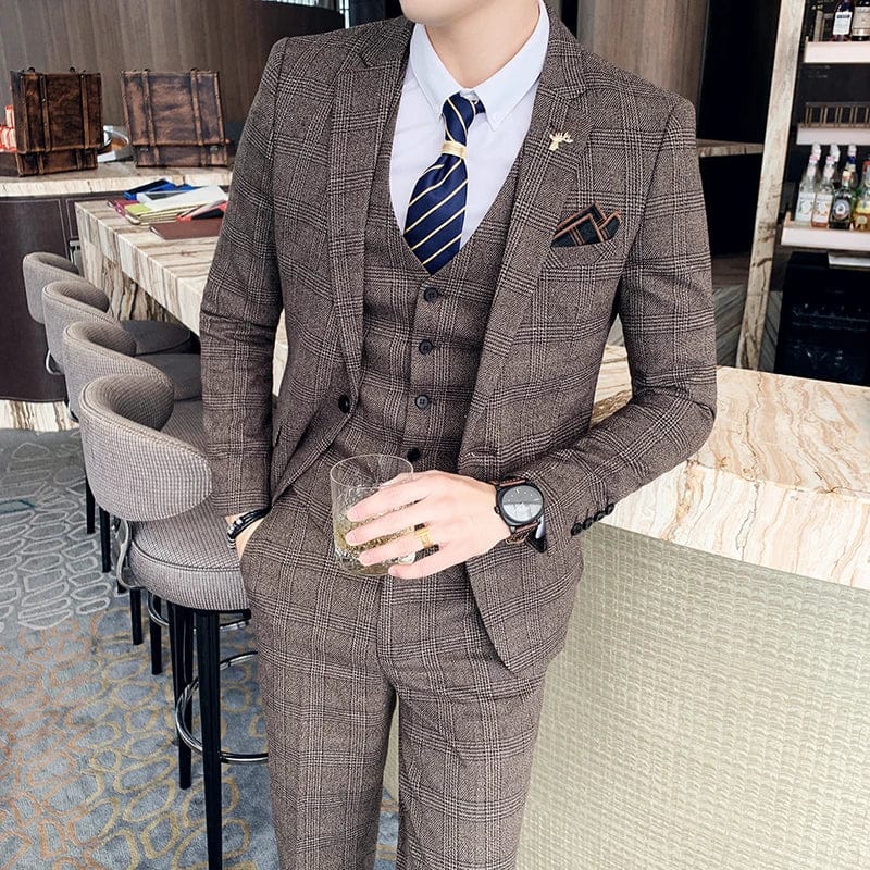 Showlu Fashion men's plaid three-piece suit with vest and trousers, slim fit business casual style, high-quality British-Korean design
