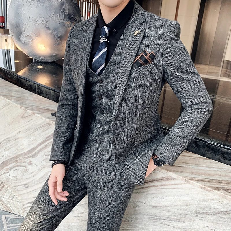 High Quality British Korean Modified Plaid Men (suit + Vest + Trousers) Stylish and Handsome Business Casual Three - piece Suit - SHOWLU FASHION STORE