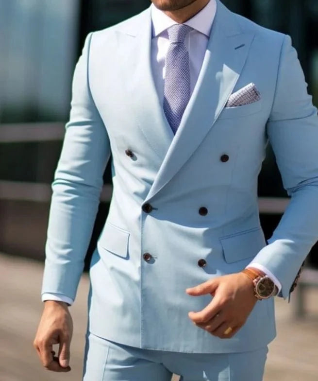 SHOWLU men's brown double-breasted slim fit suit with peaked lapel, includes jacket and pants, formal 2-piece set.