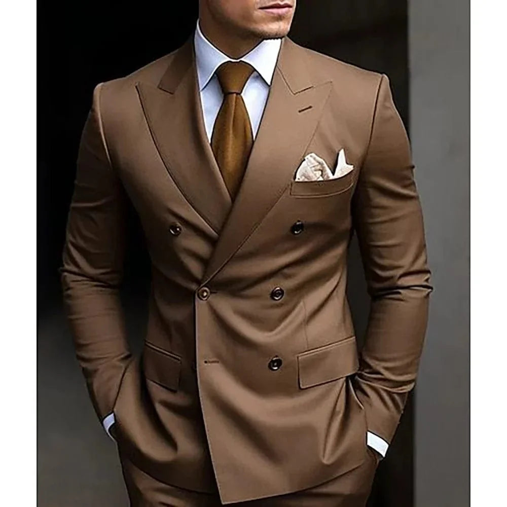Brown SHOWLU men's double-breasted slim fit suit with peaked lapel, includes blazer and matching pants, formal 2-piece set.
