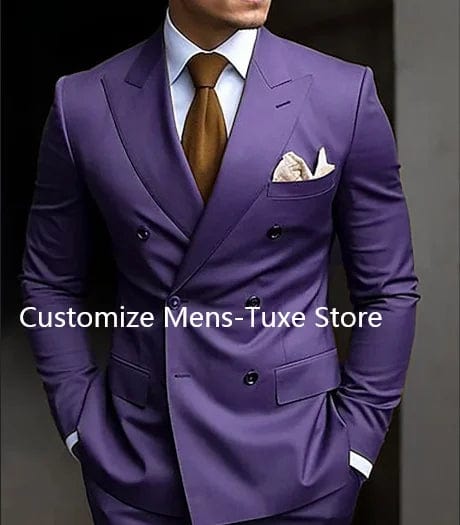 Brown SHOWLU men's double-breasted slim fit suit with peaked lapel, including blazer and matching trousers, formal 2-piece set.