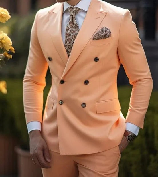 SHOWLU Brown double-breasted men's suit, slim fit 2-piece set with peaked lapel blazer and matching trousers, formal menswear.