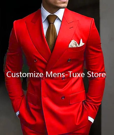 Brown double-breasted men's suit from SHOWLU FASHION STORE, slim fit 2-piece formal set with peaked lapel blazer and matching pants.