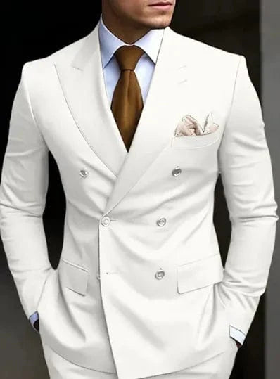 SHOWLU Brown double-breasted men's suit with slim fit blazer and matching pants, formal 2-piece set with peaked lapel.