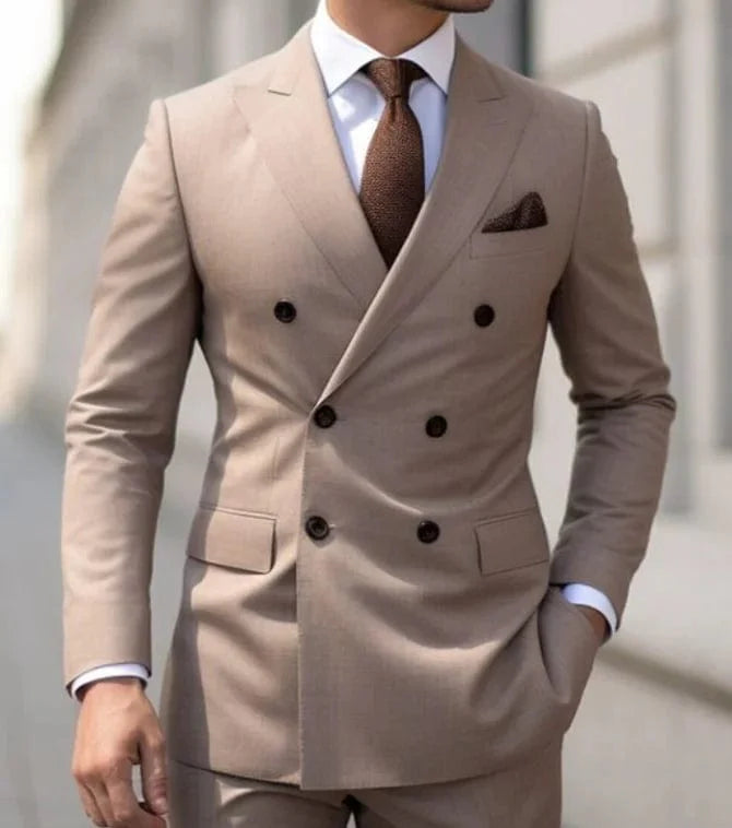 Brown SHOWLU men's double-breasted slim fit suit with peaked lapel, including blazer and matching pants, tailored for formal occasions.