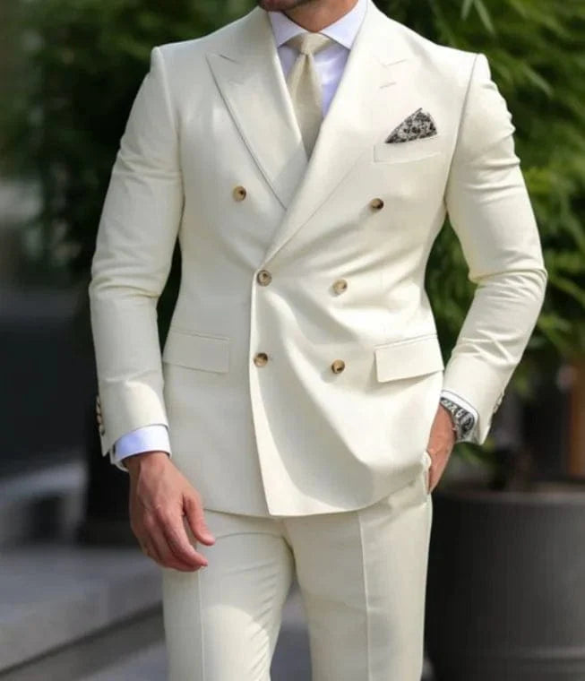 SHOWLU Brown double-breasted men's suit with slim fit blazer and matching pants, formal 2-piece set with peaked lapel.