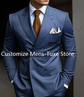 Brown SHOWLU men's double-breasted slim fit suit with peaked lapel, featuring a tailored blazer and matching pants.