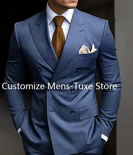 Brown SHOWLU men's double-breasted slim fit suit with peaked lapel, featuring a tailored blazer and matching pants.