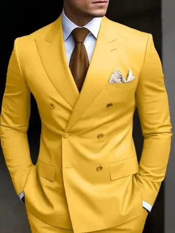 Brown SHOWLU men's double-breasted slim fit suit with peaked lapel, featuring a blazer and matching pants, formal 2-piece set.