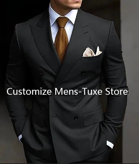 SHOWLU Brown double-breasted men's suit with slim fit blazer and matching pants, formal 2-piece set with peaked lapel.