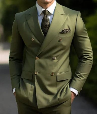 SHOWLU Brown men's double-breasted slim fit suit with peaked lapel, featuring a formal blazer and matching pants.