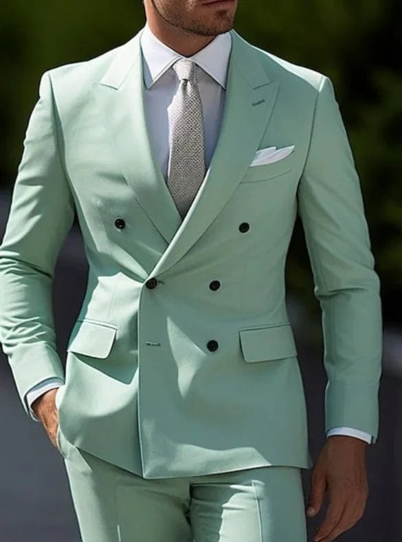 Brown double-breasted men's suit by SHOWLU FASHION STORE featuring slim fit blazer and matching pants for formal occasions.