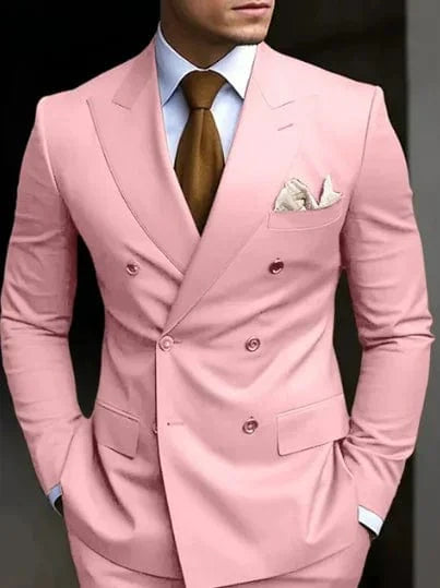 SHOWLU Brown double-breasted men's suit with slim fit blazer and matching pants, formal 2-piece suit with peaked lapel.
