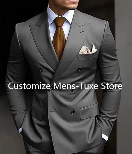 Brown double-breasted men's suit by SHOWLU FASHION STORE, slim fit 2-piece formal set with peaked lapel jacket and matching pants