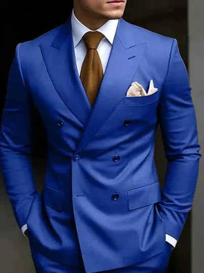 Brown double-breasted men's suit by SHOWLU FASHION STORE, featuring slim fit blazer and matching trousers in a formal 2-piece set.