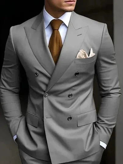 SHOWLU Brown double-breasted men's suit with slim fit blazer and matching pants, formal 2-piece set with peaked lapel.