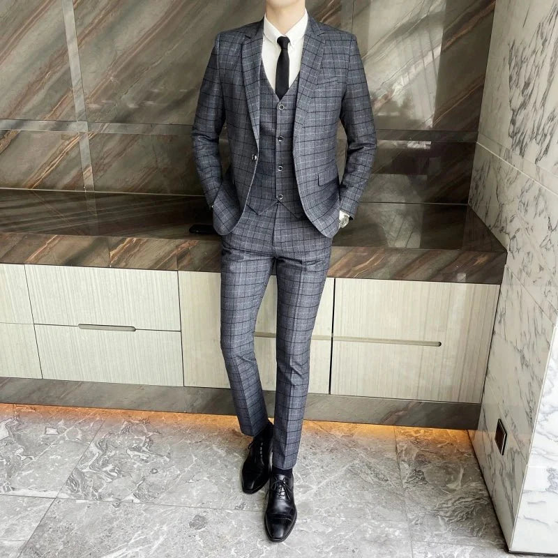 SHOWLU Men's plaid wedding suit featuring high-quality cotton vest, trousers, and skinny fit three-piece business set.
