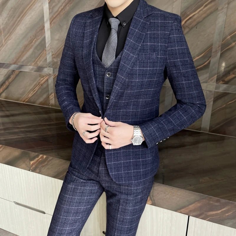 High - quality cotton texture (suit + vest + trousers) Wedding suit men's fashion business trend boutique casual plaid suit three - SHOWLU FASHION STORE