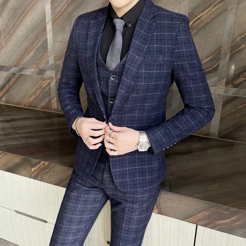 Men's plaid wedding suit by SHOWLU FASHION STORE, includes vest, jacket, and trousers in high-quality cotton with a slim fit design.