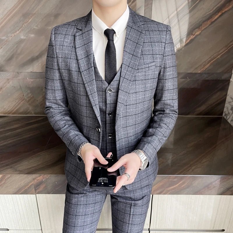 High - quality cotton texture (suit + vest + trousers) Wedding suit men's fashion business trend boutique casual plaid suit three - SHOWLU FASHION STORE