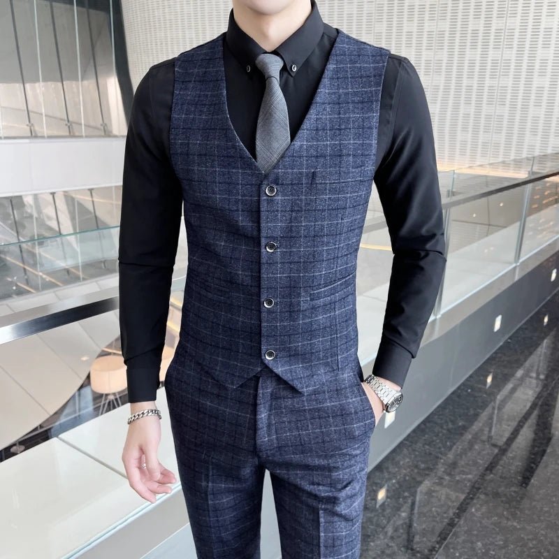 High - quality cotton texture (suit + vest + trousers) Wedding suit men's fashion business trend boutique casual plaid suit three - SHOWLU FASHION STORE