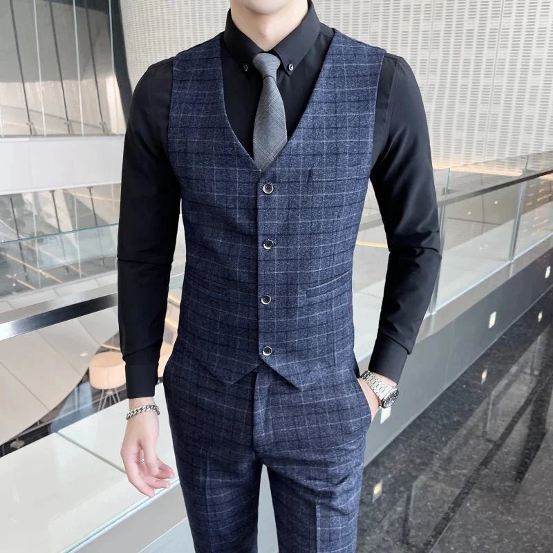 SHOWLU Men's plaid wedding suit, including vest and trousers, made of high-quality cotton with a slim fit, perfect for formal occasions.