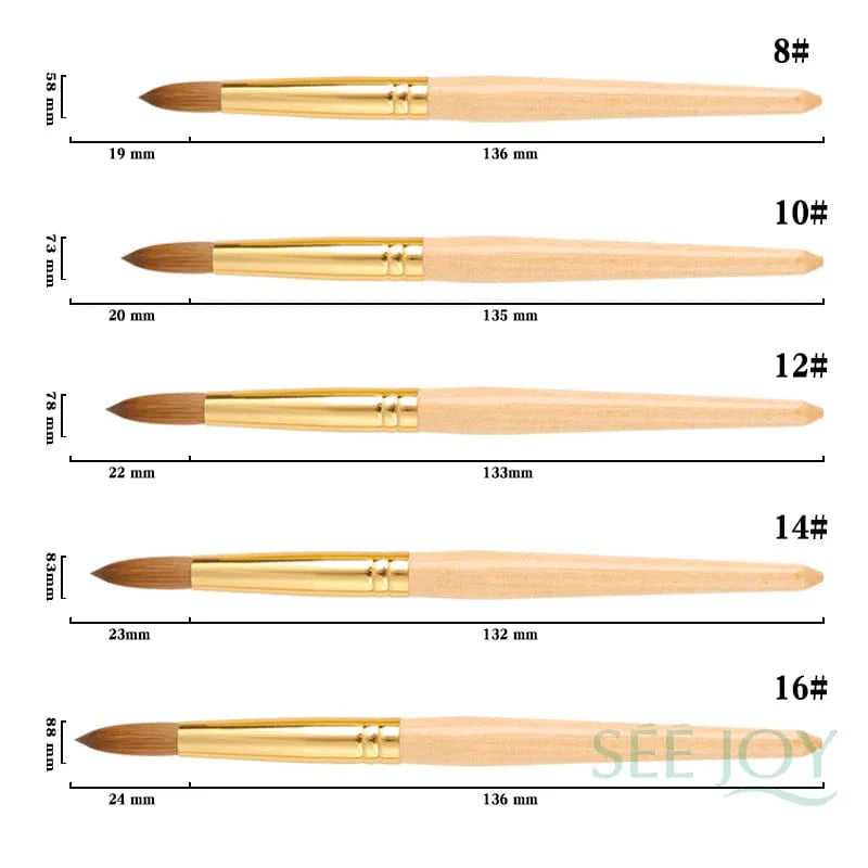 SeeJoy Kolinsky acrylic nail brush with pure hair and gold copper handle for professional nail art application.