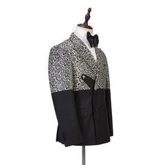 A double-breasted men's tuxedo jacket featuring a leopard print upper and solid black lower.