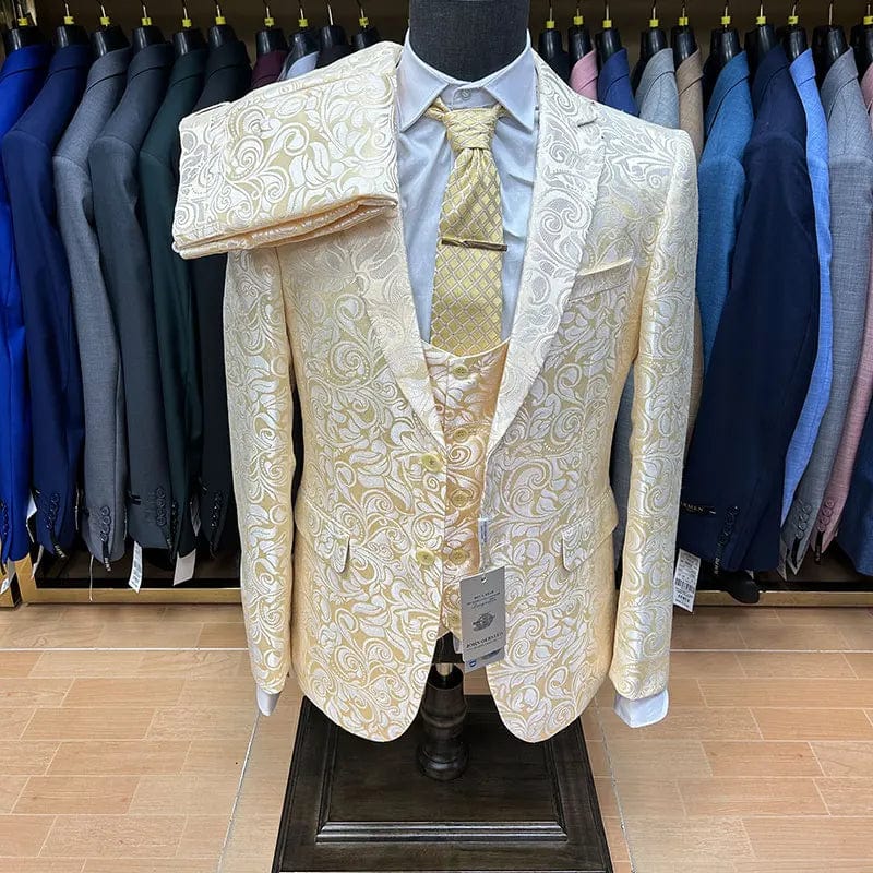 Men's floral jacquard 3-piece slim fit wedding suit blazer by SHOWLU FASHION featuring high-quality floral print for formal occasions.