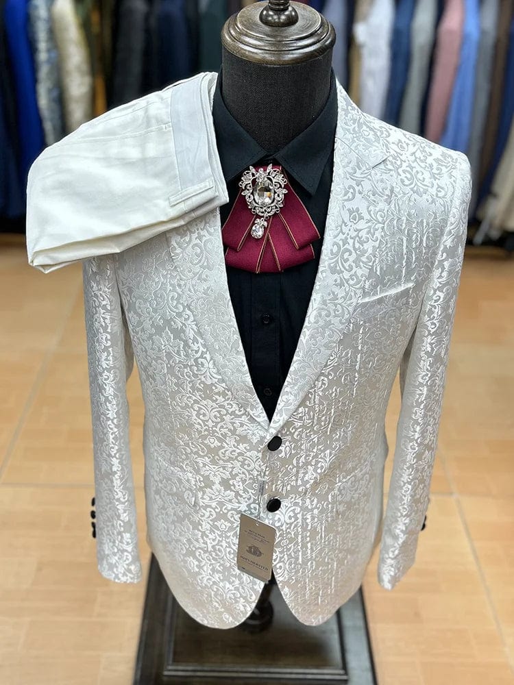 Pauldsmm men's floral jacquard 3-piece slim fit wedding suit with blazer, perfect for stage, banquet, or party occasions.