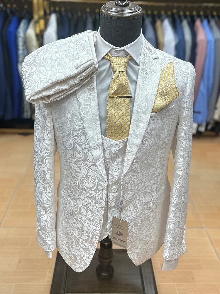 SHOWLU FASHION STORE men's floral jacquard 3-piece slim fit wedding suit blazer, stylish stage and banquet men's suit.
