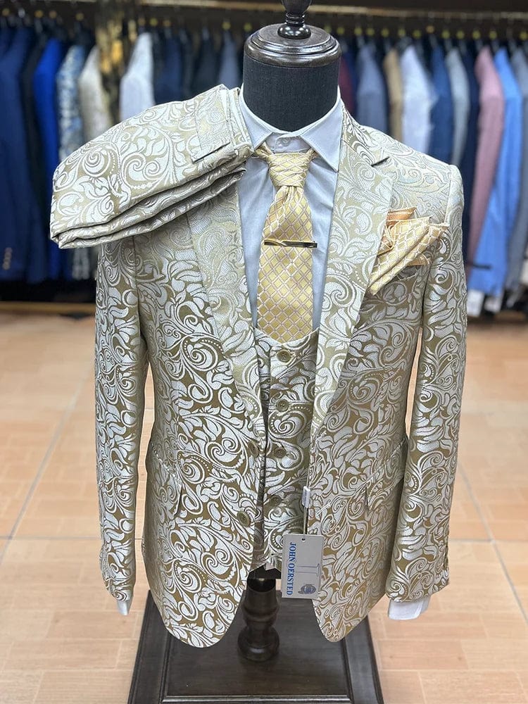 Men's floral jacquard 3-piece slim fit wedding suit blazer by SHOWLU FASHION STORE, featuring high-quality floral print and stylish stage design.