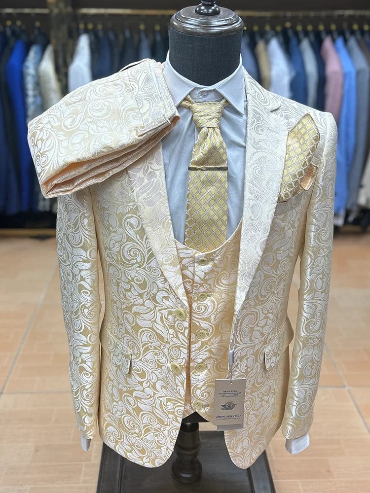 Men's floral jacquard 3-piece wedding suit blazer with slim fit, stylish stage and banquet attire by SHOWLU FASHION STORE.