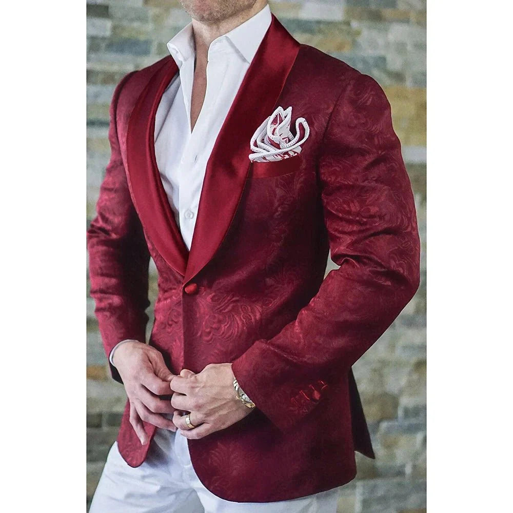 Showlu Fashion men's slim fit jacquard wedding blazer with shawl lapel, stylish formal suit jacket for grooms and special occasions.