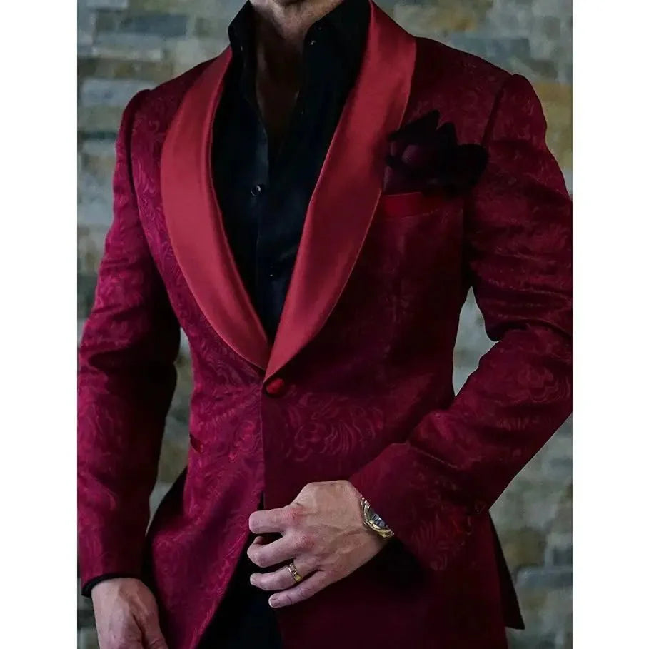 Showlu Fashion men's slim fit jacquard wedding blazer with shawl lapel, high-quality tailored suit for formal occasions.