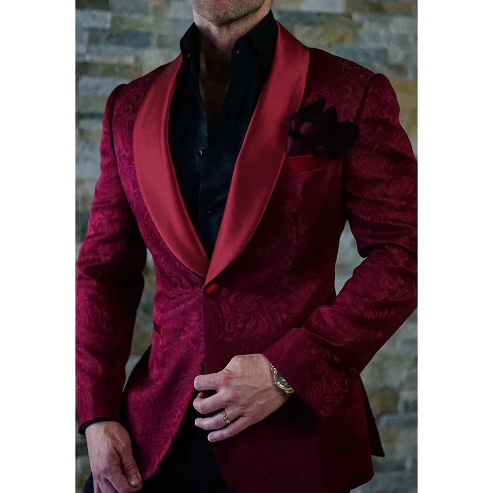 Men's slim fit jacquard wedding blazer with shawl lapel, stylish formal jacket from Showlu Fashion for special occasions.