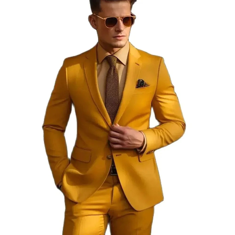 Yellow men's skinny 2-piece suit by Showlu Fashion, includes single-breasted jacket and matching pants for formal weddings.