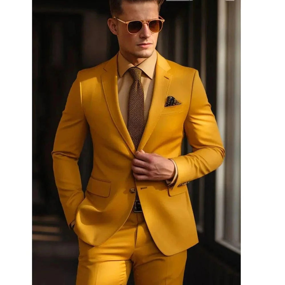 Yellow men's skinny 2-piece suit by Showlu Fashion, featuring a single-breasted jacket and matching pants for formal occasions.