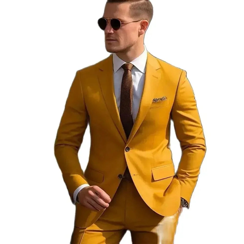 Yellow men's skinny 2-piece suit by Showlu Fashion, includes single-breasted jacket and matching pants for formal weddings.