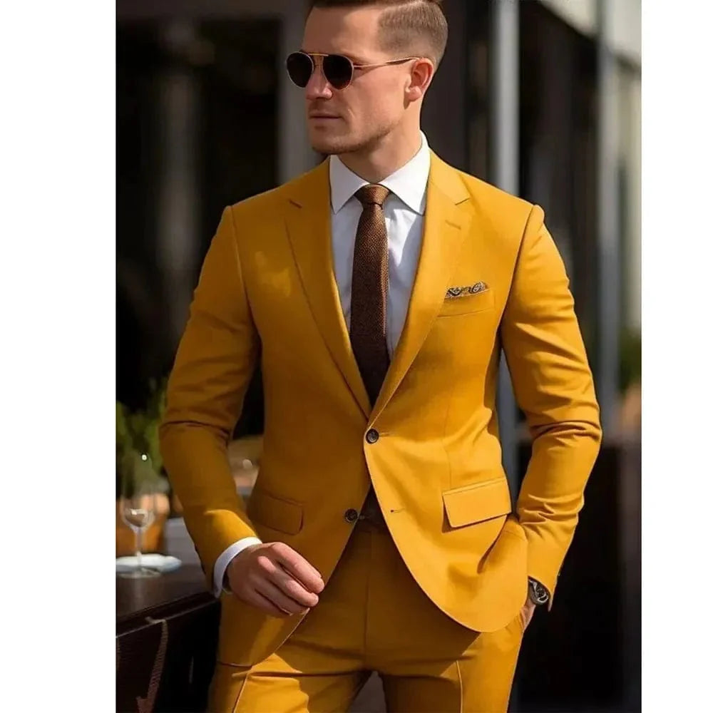 Showlu Fashion men's yellow skinny 2-piece suit with single-breasted jacket and matching pants, perfect for formal weddings.