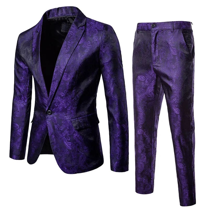 Men's slim fit jacquard suit set by Showlu Fashion, includes blazer and pants, perfect for formal and business occasions.