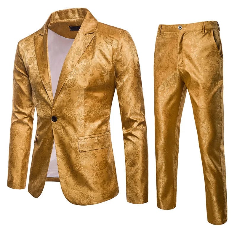 Men's slim fit jacquard suit set by Showlu Fashion, includes blazer and pants, luxury classic design for business or social occasions.
