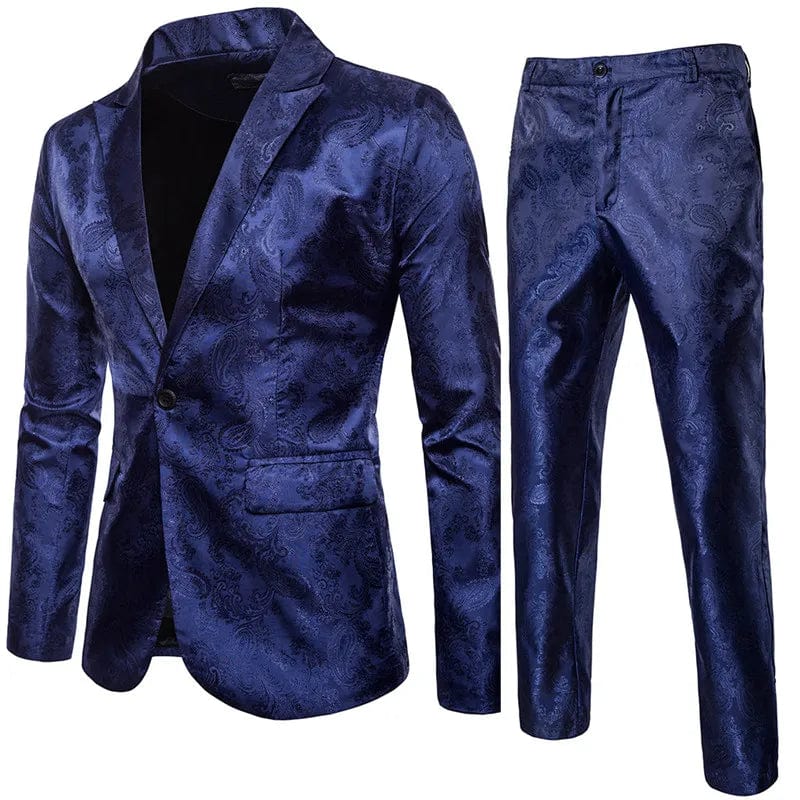 Men's slim fit Jacquard suit set by Showlu Fashion, includes blazer and pants, stylish luxury business attire in size S to 3XL.