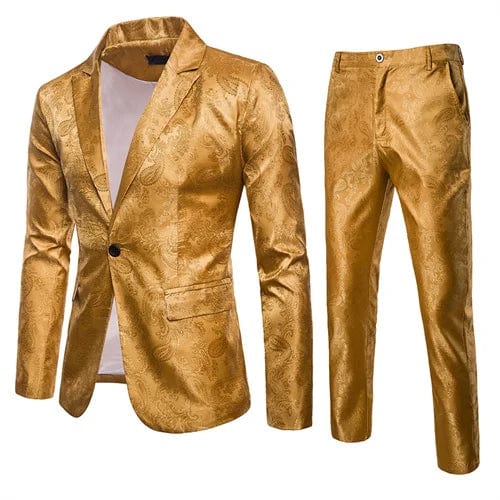 Men's slim fit jacquard suit set with blazer and pants, stylish luxury fashion by Showlu Fashion, perfect for business or social events.